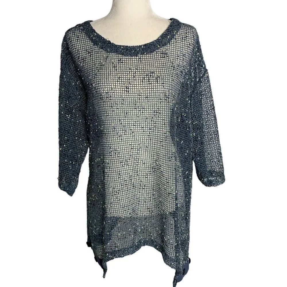 Kaktus Loose Open Knit Pullover Tunic Top Coverup XL Blue Shark Bite Hem